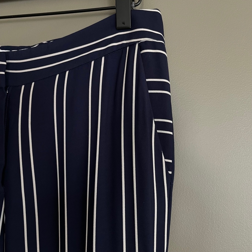 La Ligne Hardy Striped Crepe Flared Pants Navy Blue White High Waist Sz 2 Flowy - Picture 7 of 16